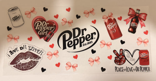 A Dr Pepper-themed sticker sheet featuring various designs including the Dr Pepper logo, a heart-shaped Dr Pepper Girl sticker, a lip sticker with 'I LOVE DR PEPPER' text, a peace sign with a heart, a bottle with a red bow, and scattered pink and black hearts and bows on a white background.