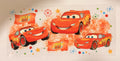 A sheet of Disney Pixar Cars Lightning McQueen wall decals featuring multiple orange-red race car illustrations, flags with '95', stars, and colorful confetti on a white background.