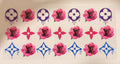 A sheet of Louis Vuitton-inspired monogram and floral decals, featuring pink roses with black LV logos, purple and blue monogram motifs, and dripping paint effects, arranged on a white background.