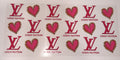 A sheet of Louis Vuitton rhinestone stickers featuring pink and red LV monogram logos and heart motifs with gold rhinestones on a white background.