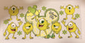 A Disney Trip Mickey Mouse-themed sticker sheet featuring multiple yellow cartoon characters inspired by Monsters, Inc., green flowers, and a large Mickey-shaped outline with the text 'Disney Trip' on a white background.