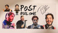 A printed poster or card featuring multiple portraits of a man, cartoon caricatures, the text 'POST MALONE,' and a large autograph, photographed against a plain light background.