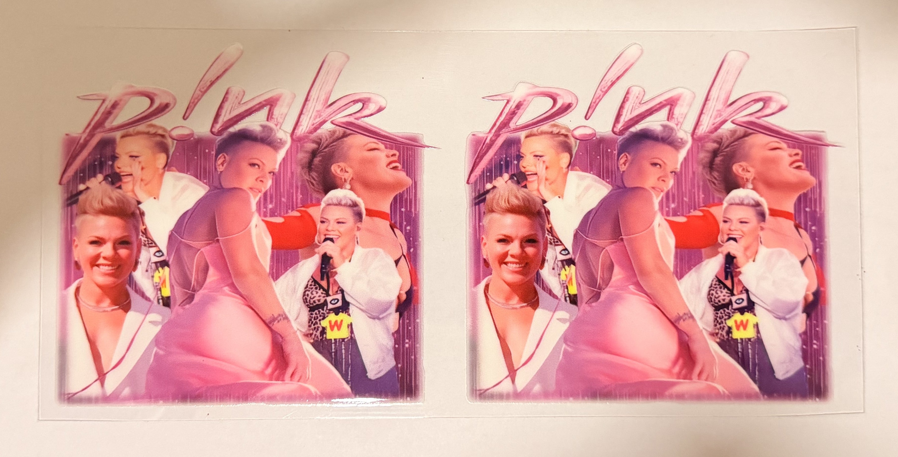 A double-sided display card or sticker set featuring a collage of country music artist Pink with the word 'Pink' in stylized script at the top of each panel.