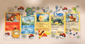 A Pokémon-themed wall decal or poster featuring five illustrated trading card characters, Pokéball motifs, daisy flowers, and other Pokémon characters on a white background.