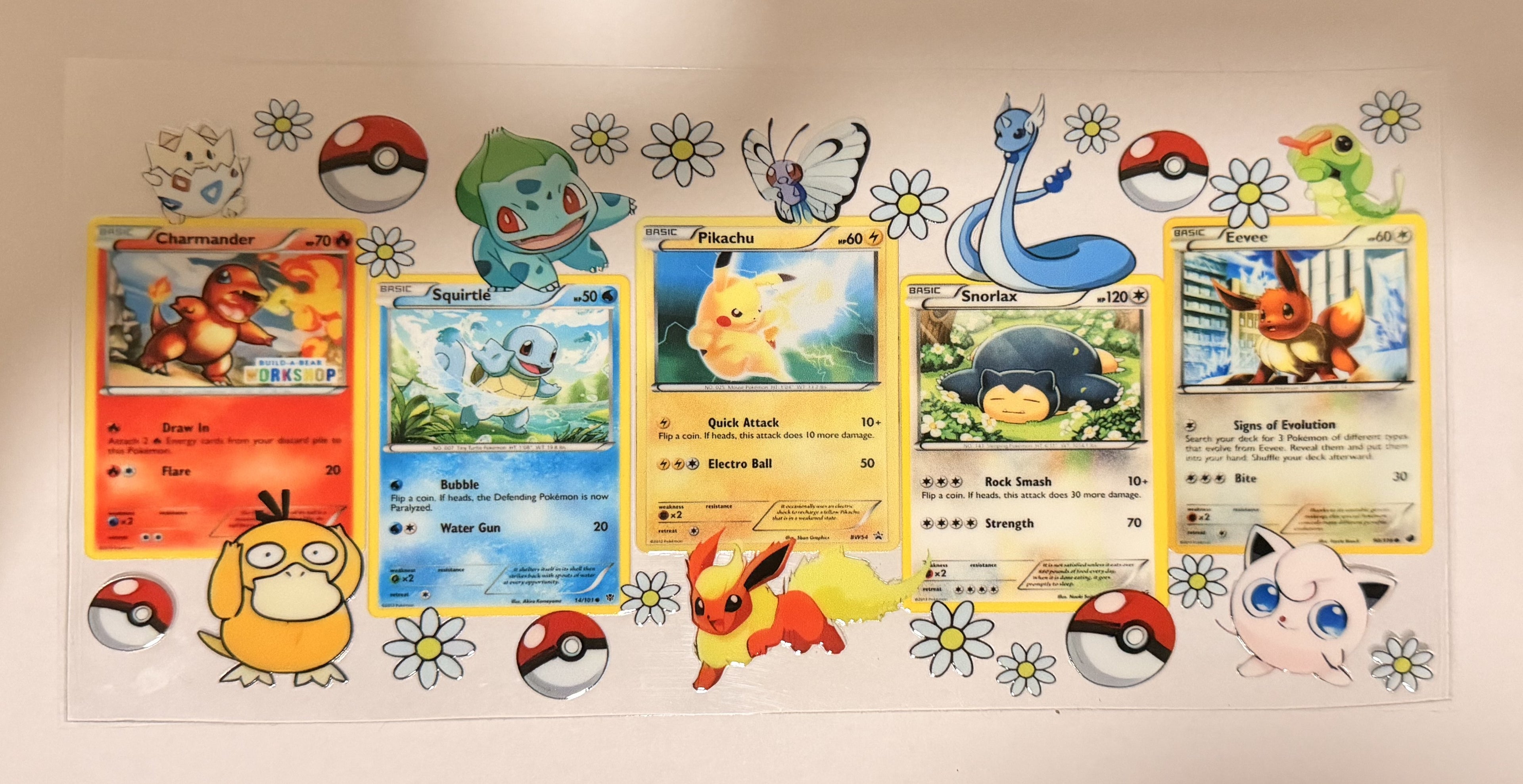 A Pokémon-themed wall decal or poster featuring five illustrated trading card characters, Pokéball motifs, daisy flowers, and other Pokémon characters on a white background.