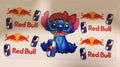 A Red Bull themed sticker sheet featuring the cartoon character Stitch with a red flower crown and bow, holding a Red Bull can, surrounded by multiple Red Bull logos and cans on a white background.