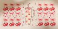 A sheet of decorative decals featuring a central Stanley tumbler illustration surrounded by repeated cherries with pink bows and small star accents on a white background.