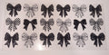 A sheet of clear nail wraps or decals featuring 16 different bow designs in black and white patterns, including solid black, checkered, and polka dot bows, displayed on a white background.