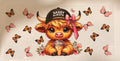 A cartoon highland cow wearing a black cap that says 'Sassy Always' and a pink bow, holding a drink, surrounded by pink and orange butterflies on a white background.