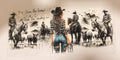 A rectangular wall art print featuring a western-themed illustration with a central woman in a cowboy hat and plaid shirt facing a herd of cattle, surrounded by other cowboys on horseback. Handwritten text reads 'Save the horses! Ride the cowboy xx'.